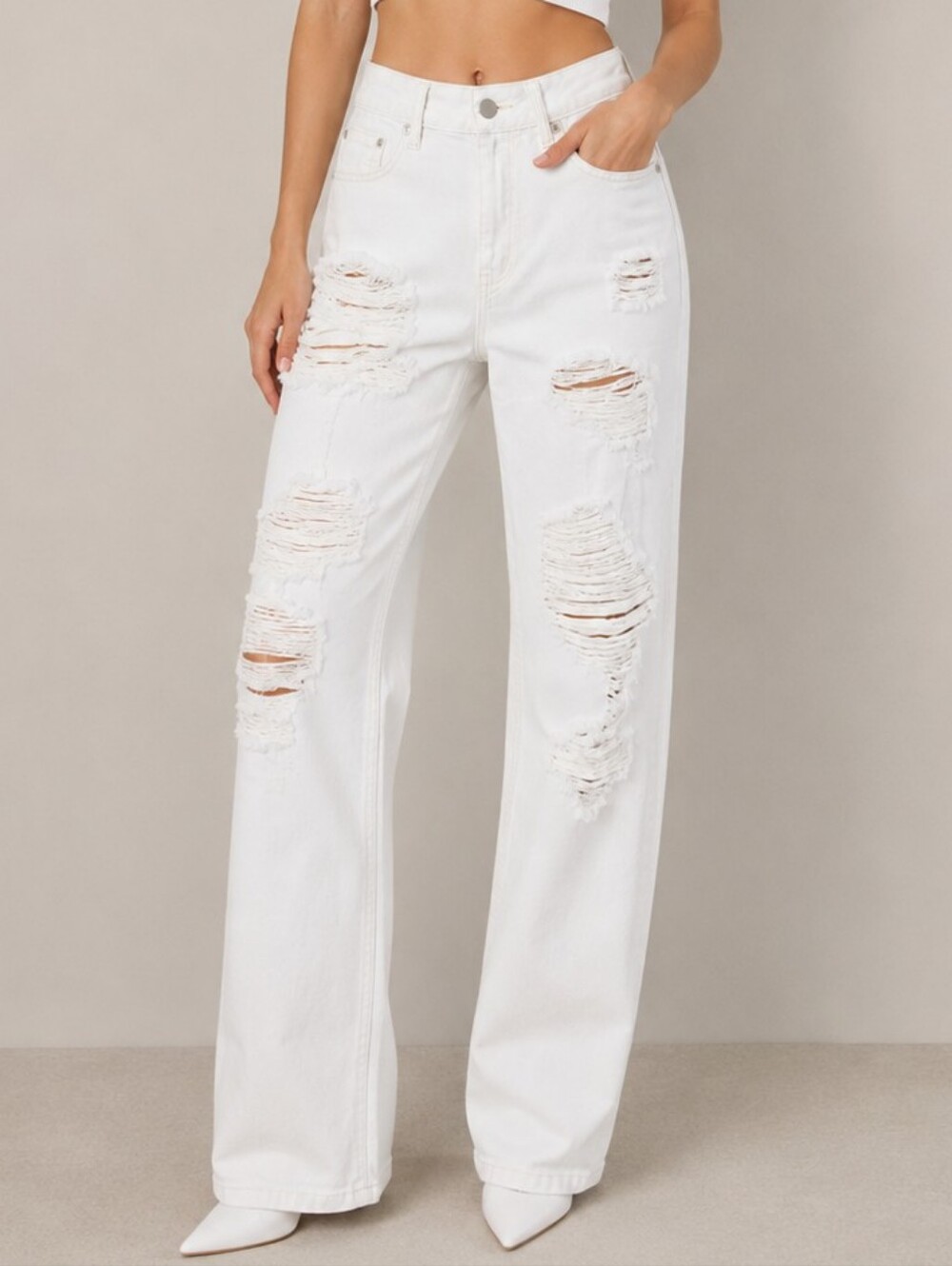 Good American White Distressed Straight-Leg Jeans
